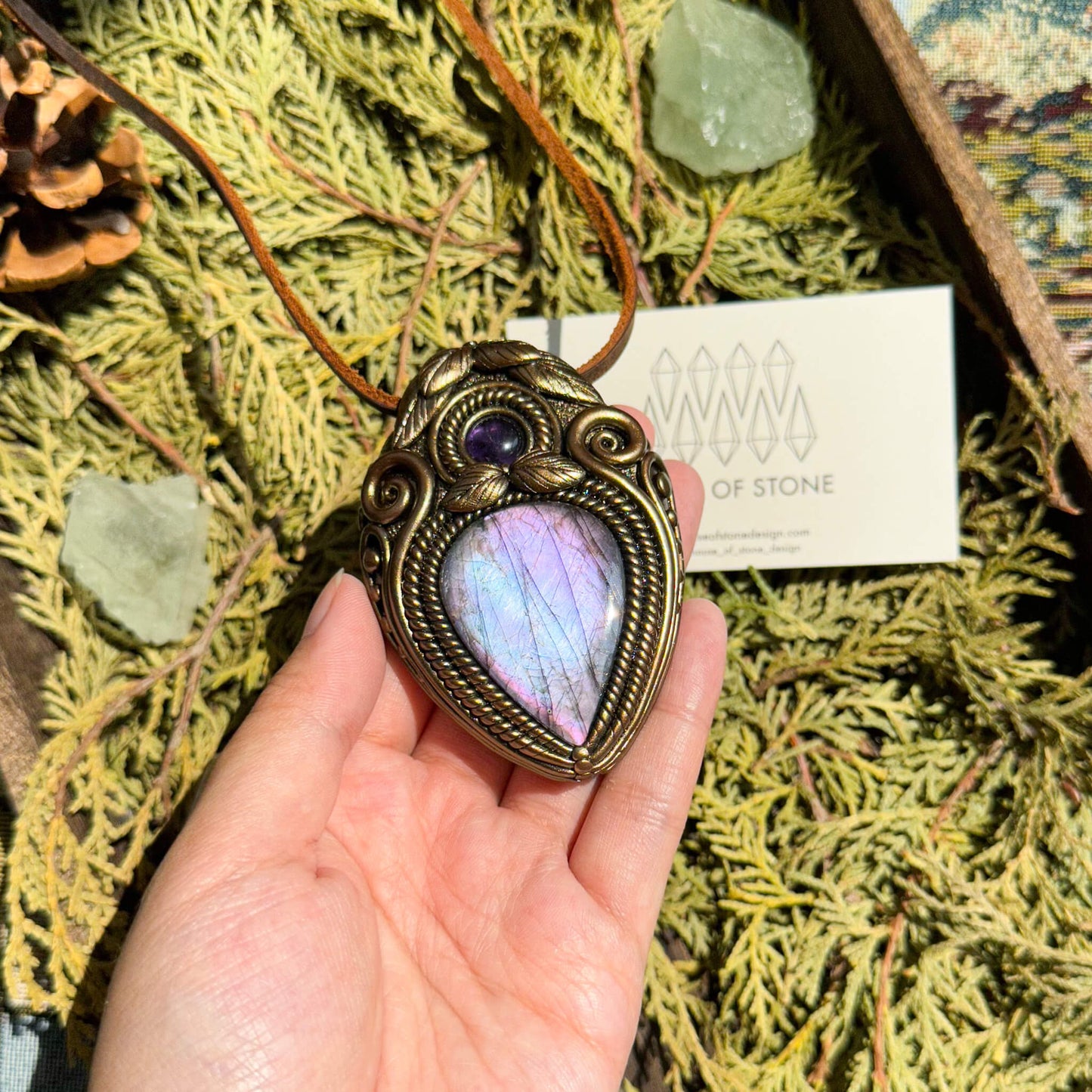 Natural Handmade Labradorite Pendant Necklace/Magic Labradorite Crystal Double-sided Pendant/Amethyst Labradorite Jewelry/Chakra/Altar Tool