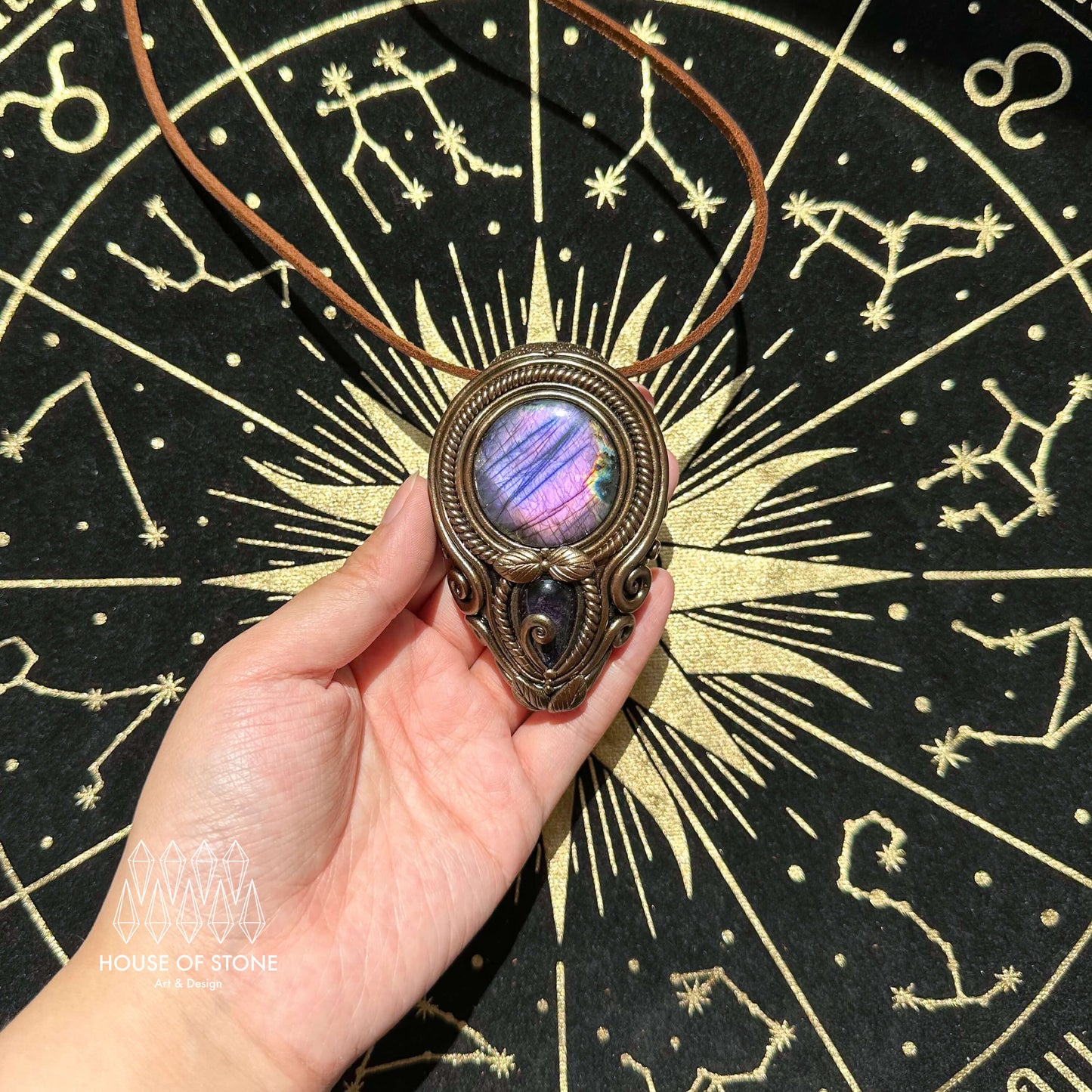 Natural Handmade Labradorite Pendant Necklace/Magic Labradorite Crystal Double-sided Pendant/Amethyst Labradorite Jewelry/Chakra/Altar Tool