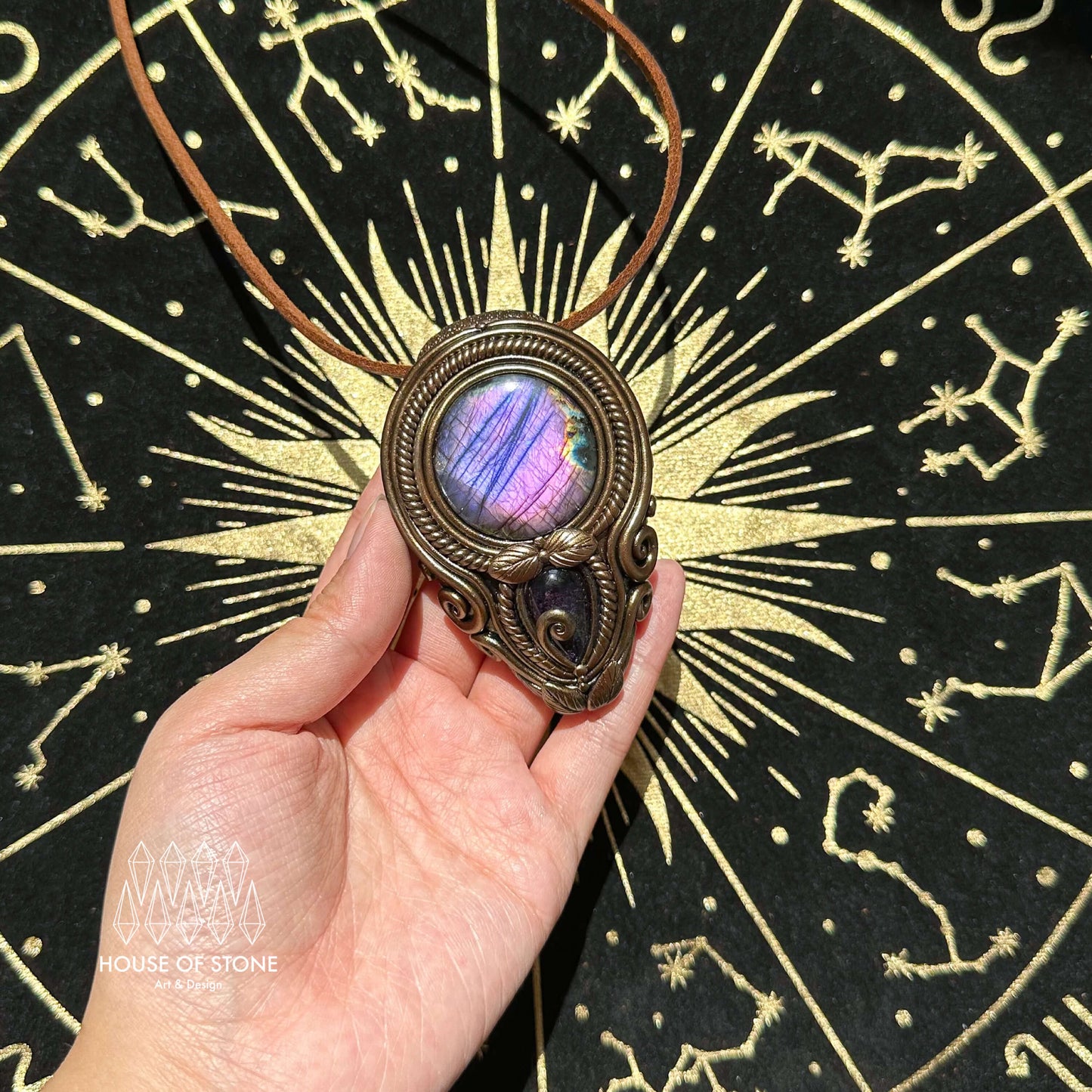 Natural Handmade Labradorite Pendant Necklace/Magic Labradorite Crystal Double-sided Pendant/Amethyst Labradorite Jewelry/Chakra/Altar Tool