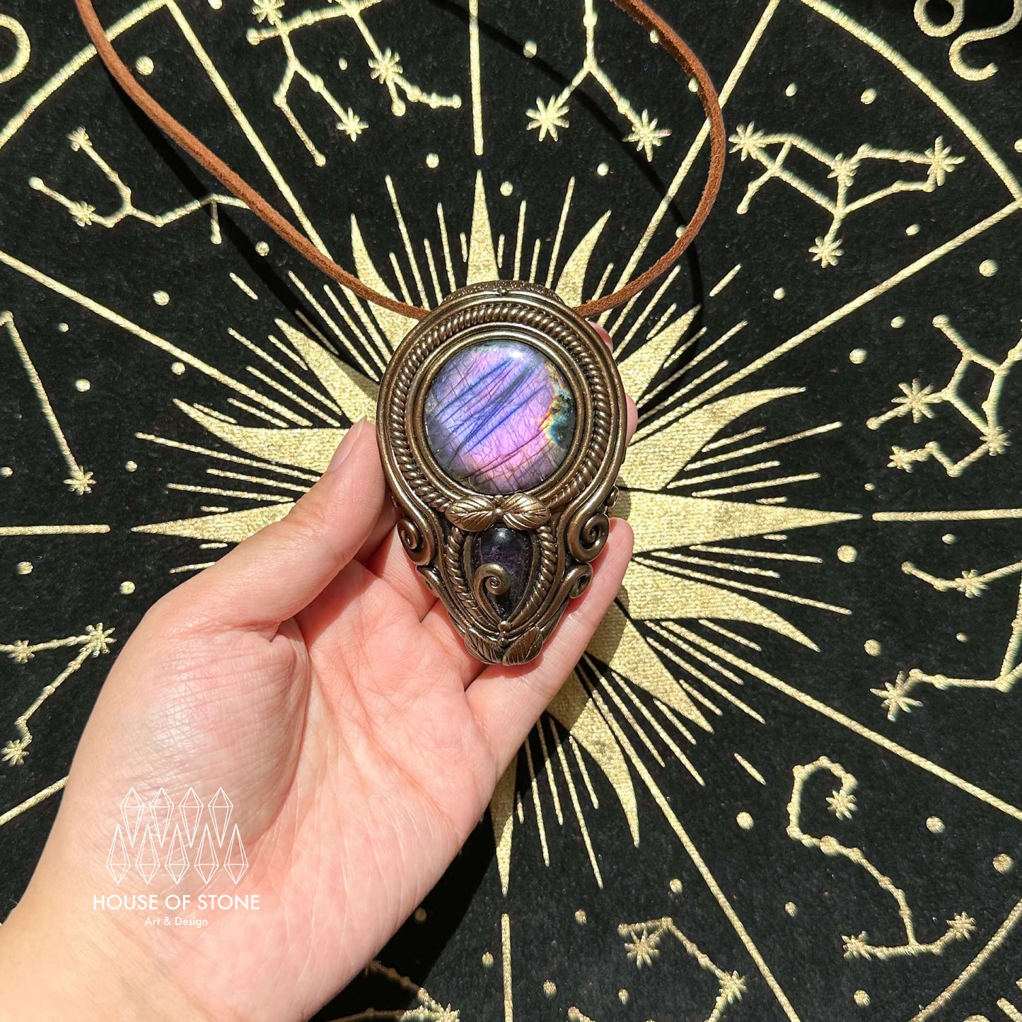 Natural Handmade Labradorite Pendant Necklace/Magic Labradorite Crystal Double-sided Pendant/Amethyst Labradorite Jewelry/Chakra/Altar Tool