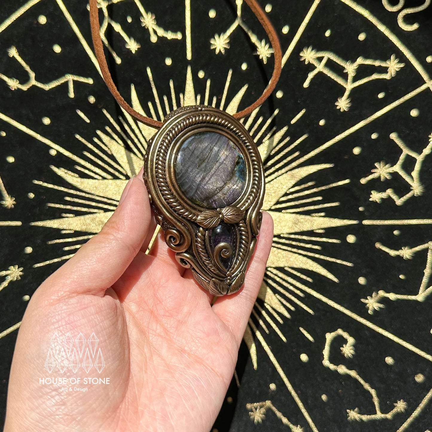 Natural Handmade Labradorite Pendant Necklace/Magic Labradorite Crystal Double-sided Pendant/Amethyst Labradorite Jewelry/Chakra/Altar Tool