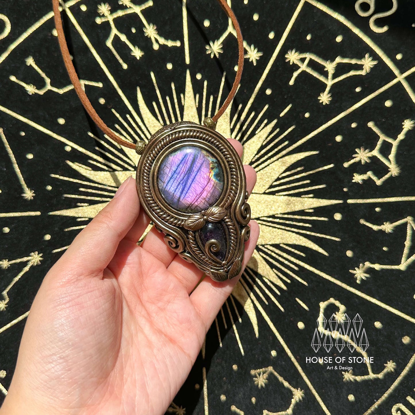 Natural Handmade Labradorite Pendant Necklace/Magic Labradorite Crystal Double-sided Pendant/Amethyst Labradorite Jewelry/Chakra/Altar Tool