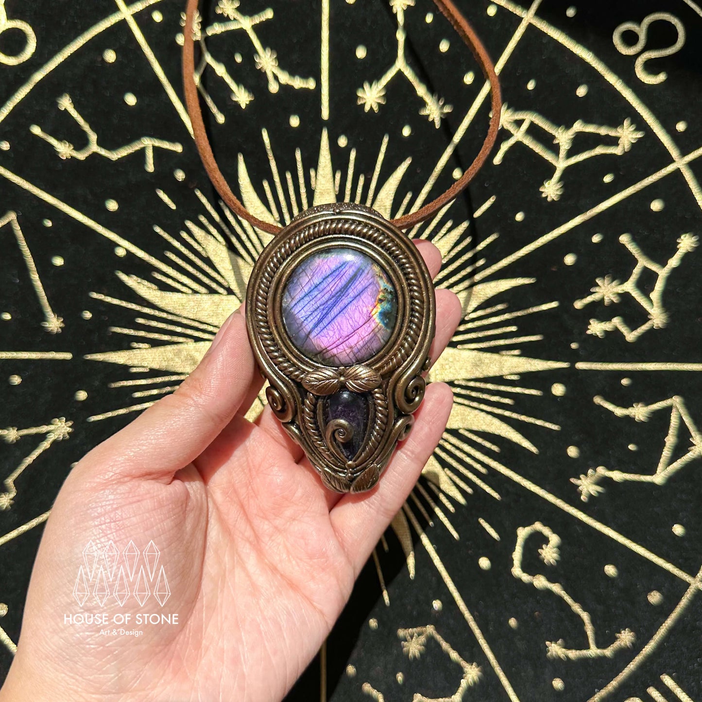 Natural Handmade Labradorite Pendant Necklace/Magic Labradorite Crystal Double-sided Pendant/Amethyst Labradorite Jewelry/Chakra/Altar Tool