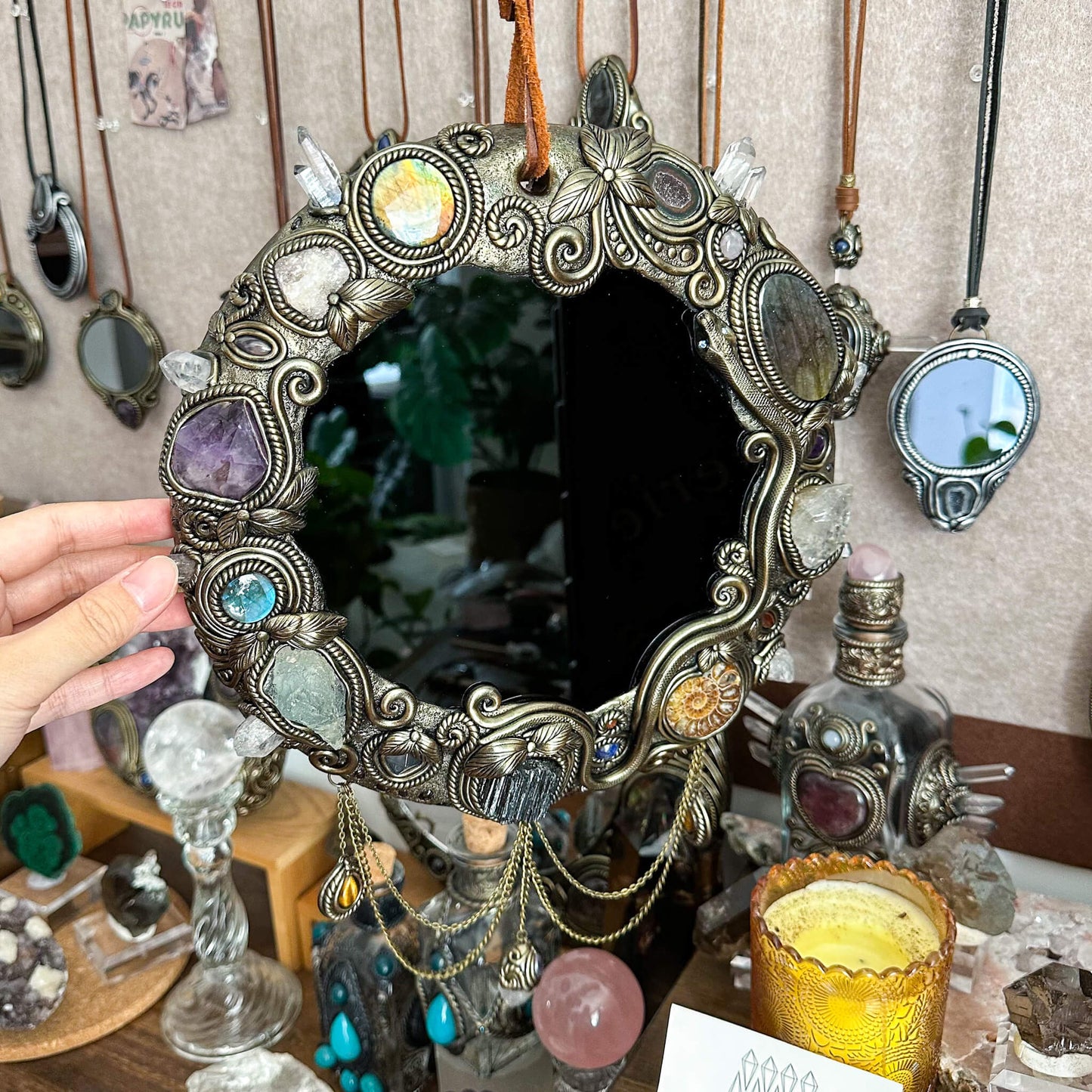 Handmade Natural Black Obsidian Crystal Wall Hanging Decor/Magic XXLarge Obsidian Mirror Spiritual Window Interior Room Hangings/Scrying Mirror Door Hanging/Altar Tool