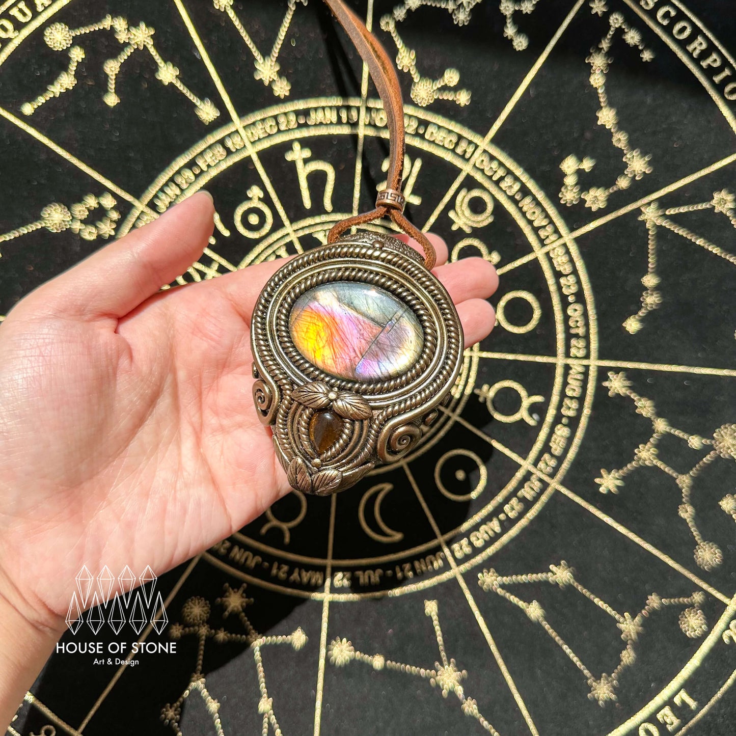 Natural Handmade Labradorite Pendant Necklace/Magic Labradorite Crystal Double-sided Pendant/Tigers Eye Jasper Jewelry/Chakra/Altar Tool