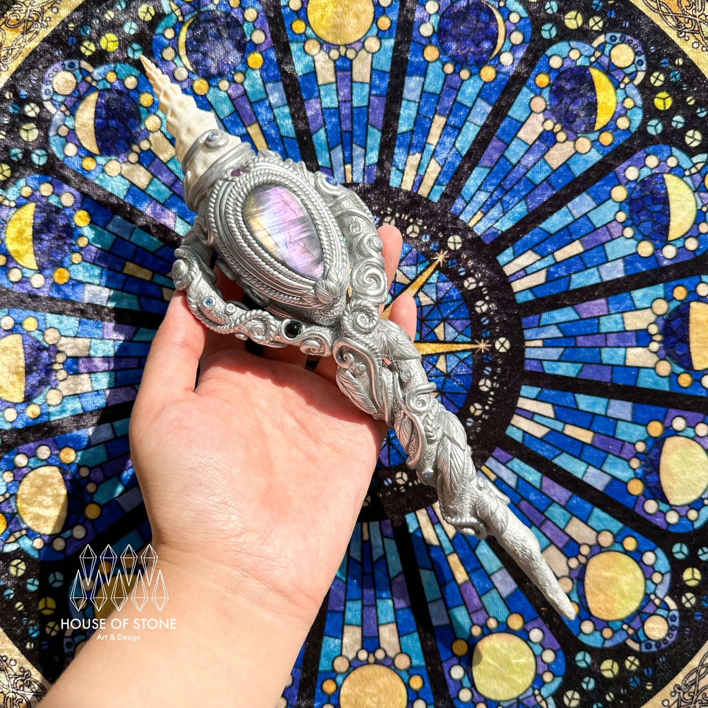 Natural Handmade Conch Shell Crystal Wand/Magic Witch Crystal Wand/Fairy Sea Snail Labradorite Wand/Chakra/Manifest Altar Tool