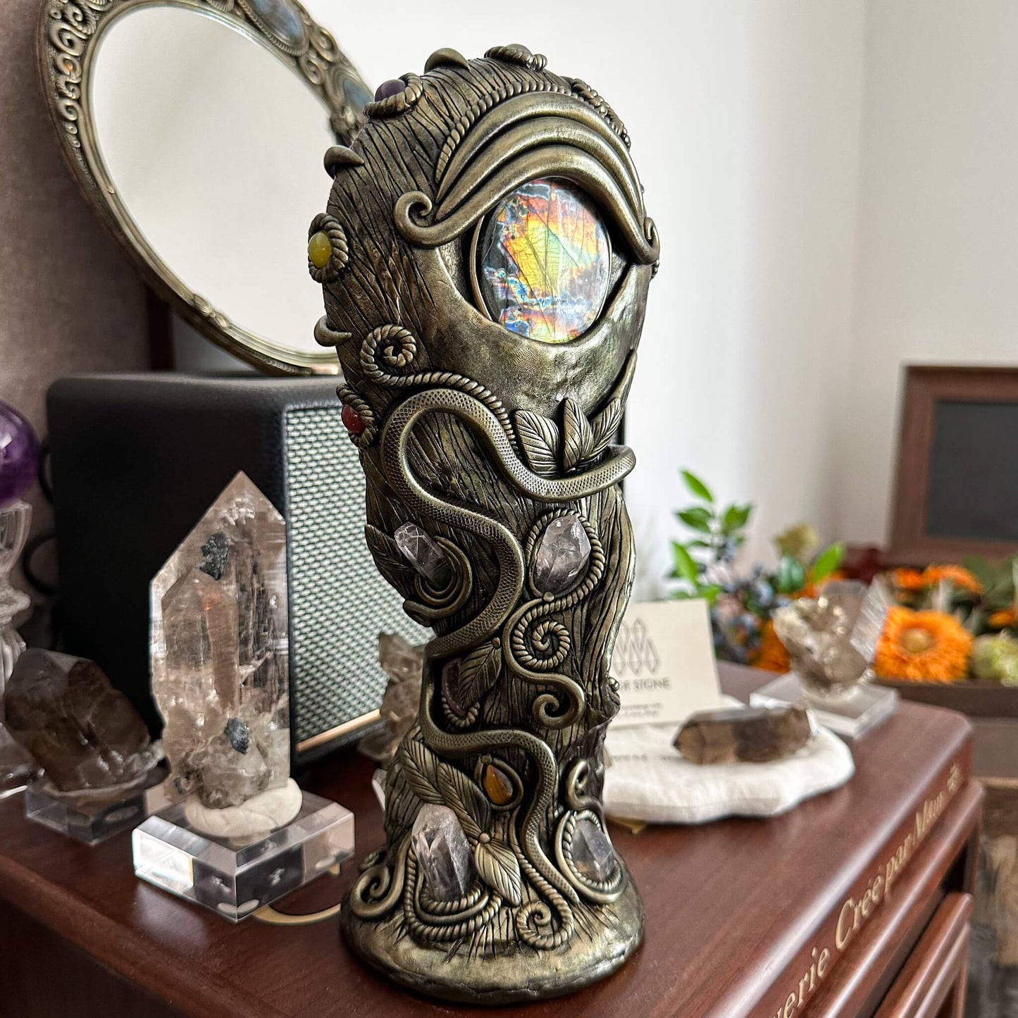 Handmade Natural Black Obsidian Mirror/Magic Obsidian Witch/Crystal Quartz with Base/Scrying Mirror/Root Chakra/Manifest Altar Tool