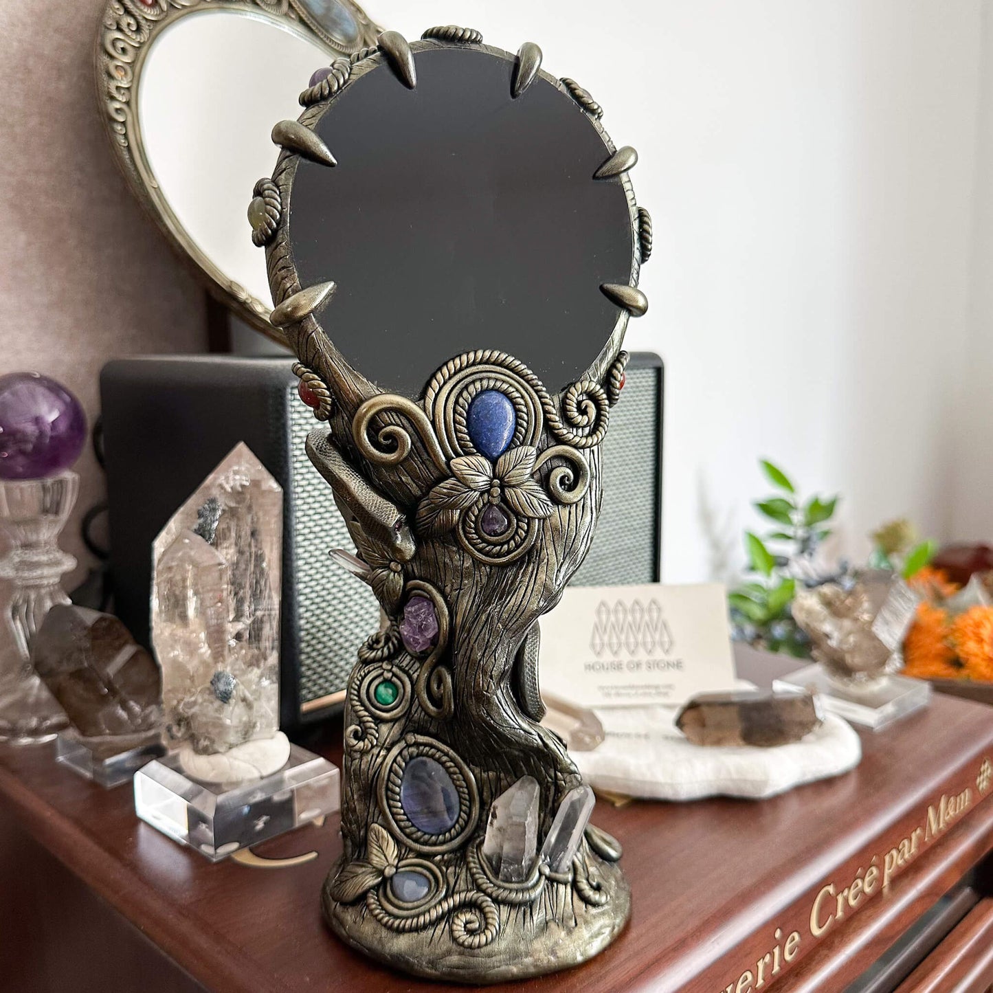 Handmade Natural Black Obsidian Mirror/Magic Obsidian Witch/Crystal Quartz with Base/Scrying Mirror/Root Chakra/Manifest Altar Tool