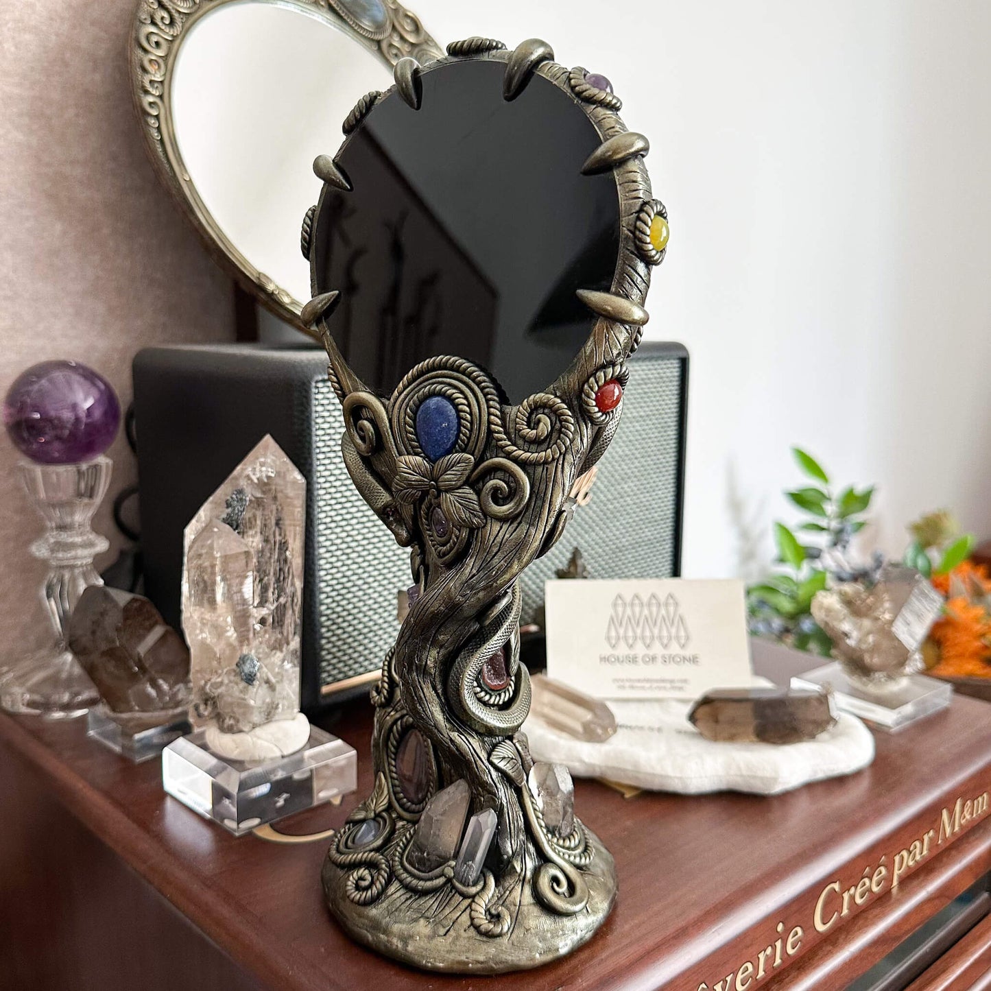 Handmade Natural Black Obsidian Mirror/Magic Obsidian Witch/Crystal Quartz with Base/Scrying Mirror/Root Chakra/Manifest Altar Tool