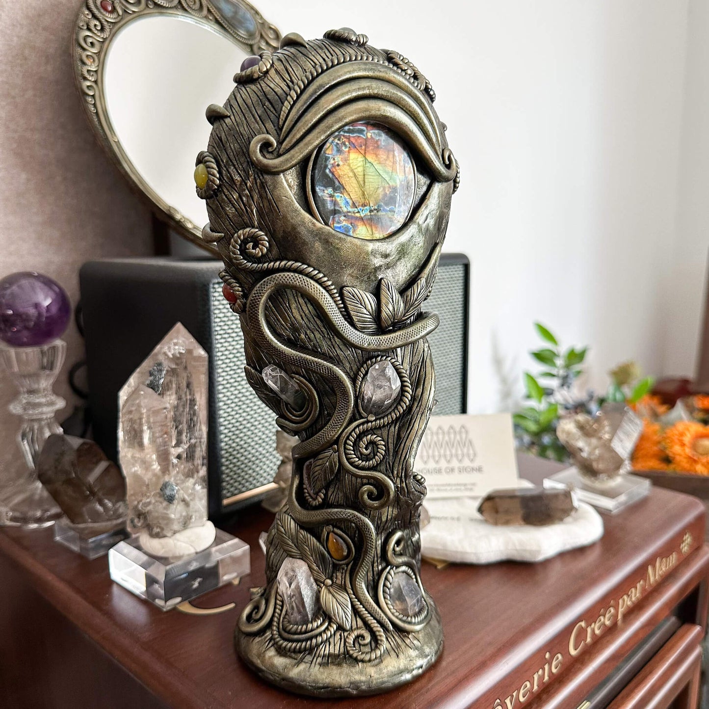 Handmade Natural Black Obsidian Mirror/Magic Obsidian Witch/Crystal Quartz with Base/Scrying Mirror/Root Chakra/Manifest Altar Tool
