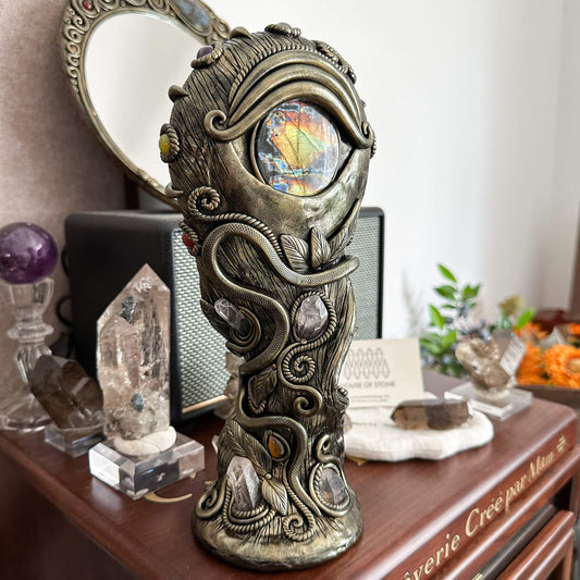 Handmade Natural Black Obsidian Mirror/Magic Obsidian Witch/Crystal Quartz with Base/Scrying Mirror/Root Chakra/Manifest Altar Tool