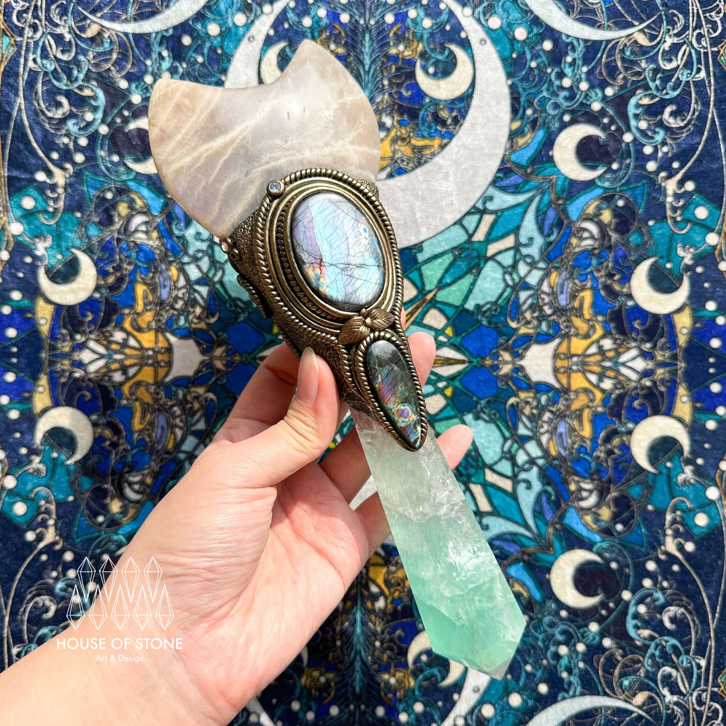 Handmade Natural Fluorite Crystal Wand/Magic Witch Crystal Wand/Moonstone Labradorite Handle/Chakra/Manifest Altar Tool