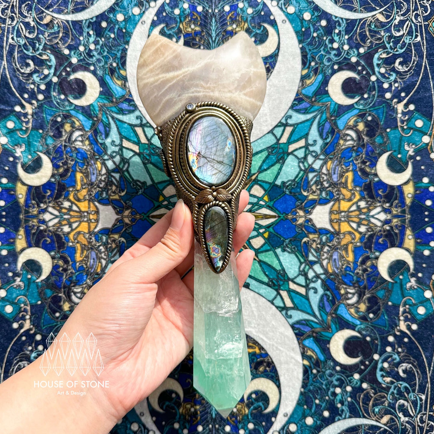 Handmade Natural Fluorite Crystal Wand/Magic Witch Crystal Wand/Moonstone Labradorite Handle/Chakra/Manifest Altar Tool