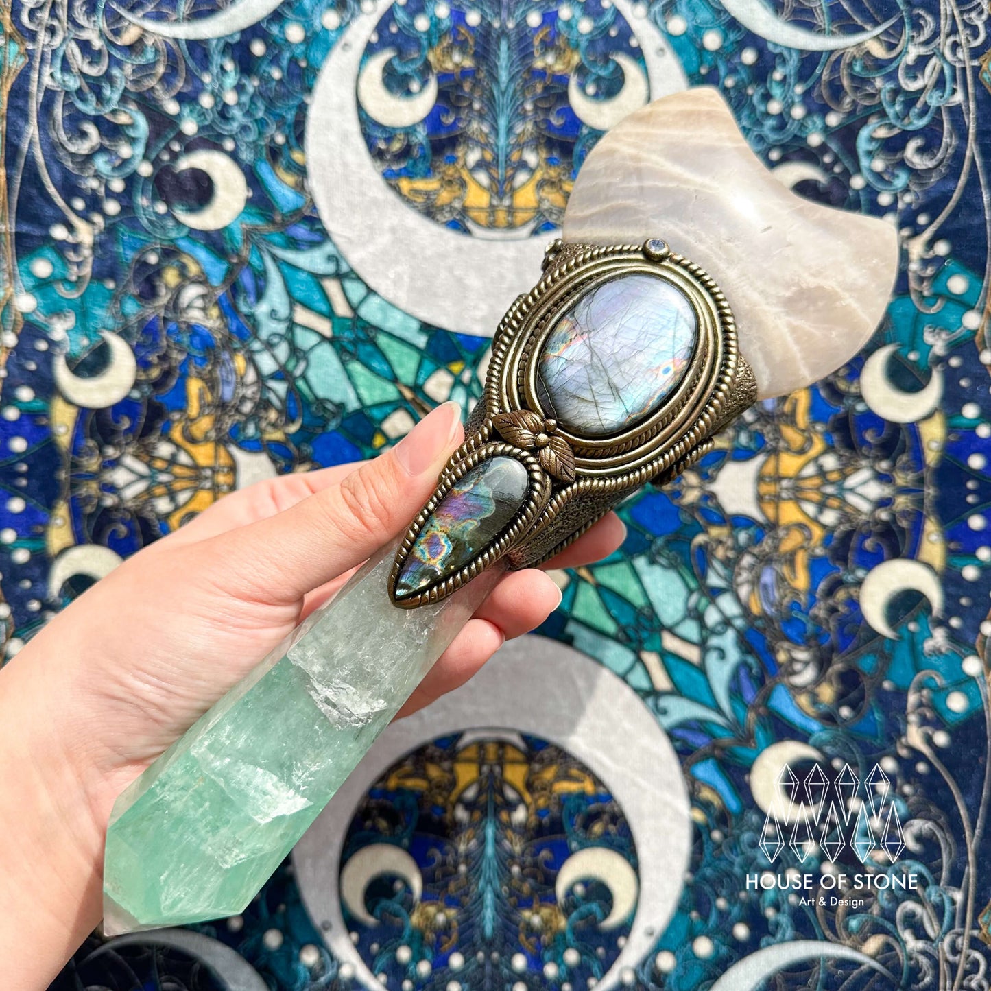 Handmade Natural Fluorite Crystal Wand/Magic Witch Crystal Wand/Moonstone Labradorite Handle/Chakra/Manifest Altar Tool