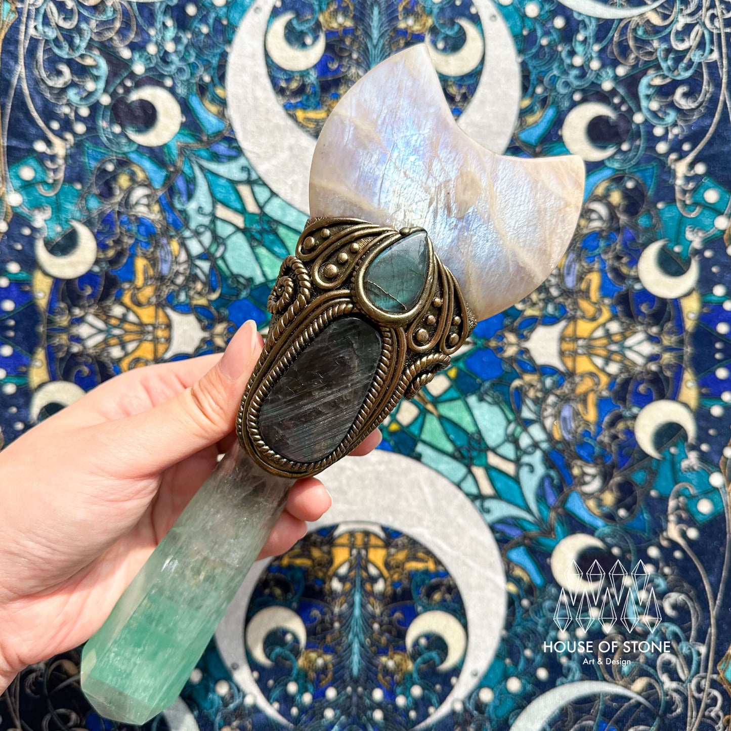 Handmade Natural Fluorite Crystal Wand/Magic Witch Crystal Wand/Moonstone Labradorite Handle/Chakra/Manifest Altar Tool