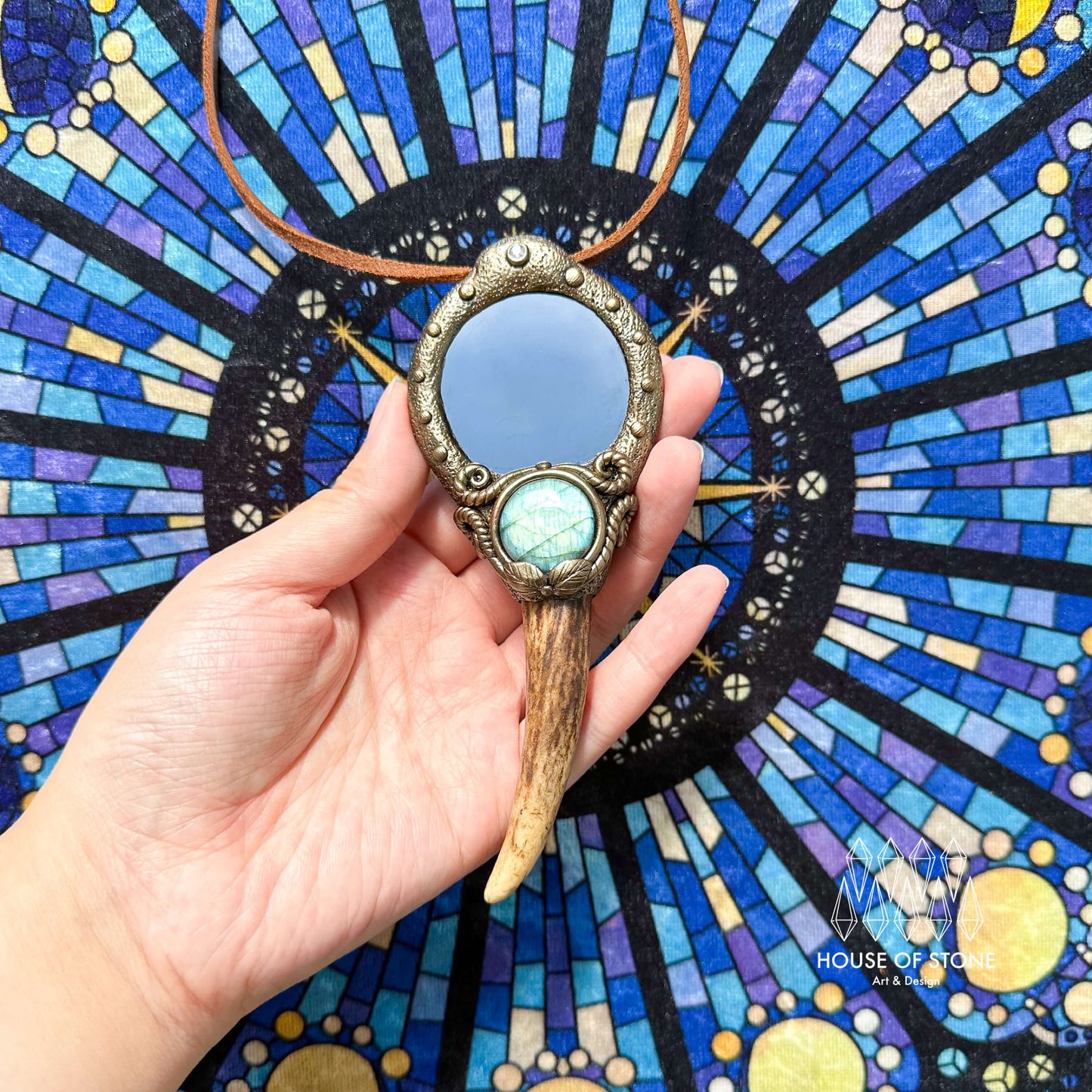 Natural Handmade Black Obsidian Pendant Necklace/Magic Obsidian Mirror Antler Crystal Pendant/Scrying Mirror Antler Jewelry/Chakra/AltarTool