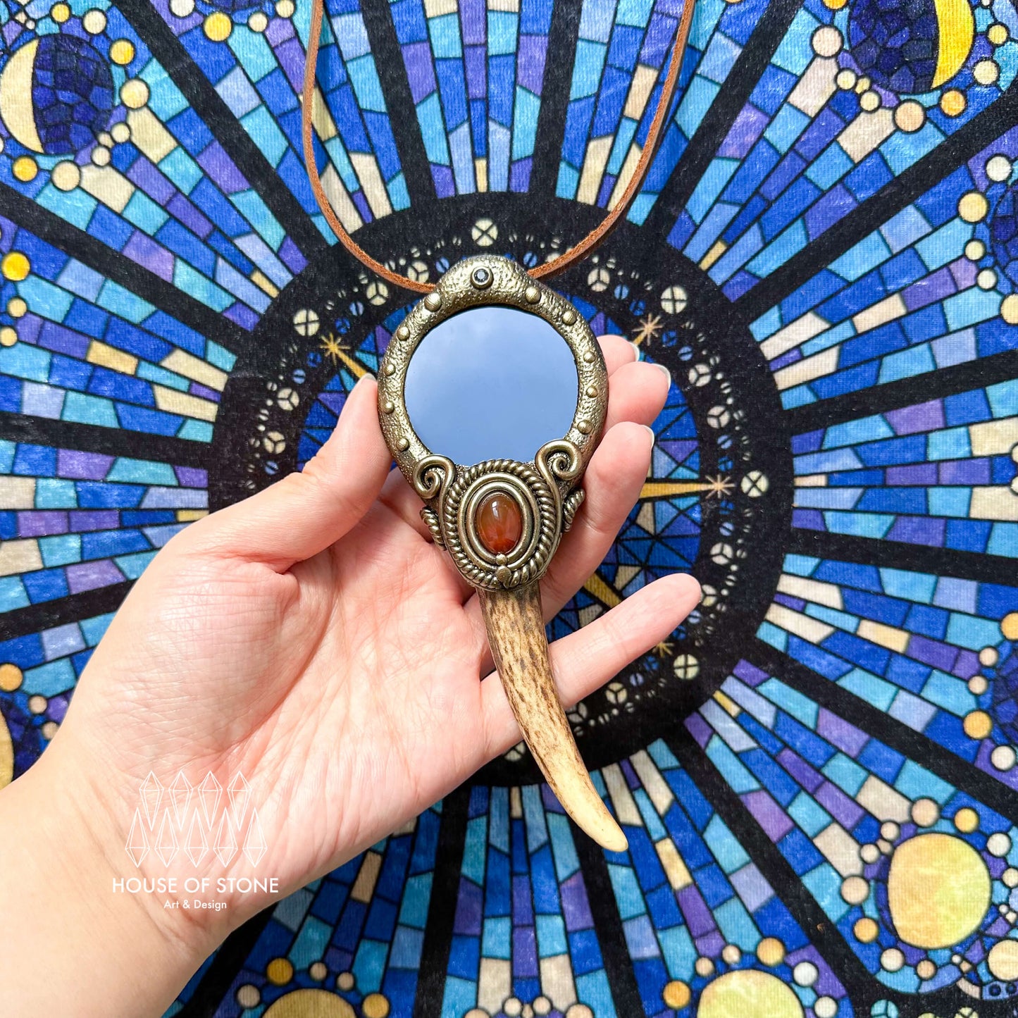 Natural Handmade Black Obsidian Pendant Necklace/Magic Obsidian Mirror Antler Crystal Pendant/Scrying Mirror Antler Jewelry/Chakra/AltarTool