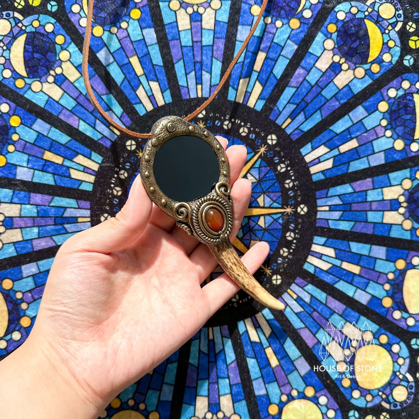 Natural Handmade Black Obsidian Pendant Necklace/Magic Obsidian Mirror Antler Crystal Pendant/Scrying Mirror Antler Jewelry/Chakra/AltarTool