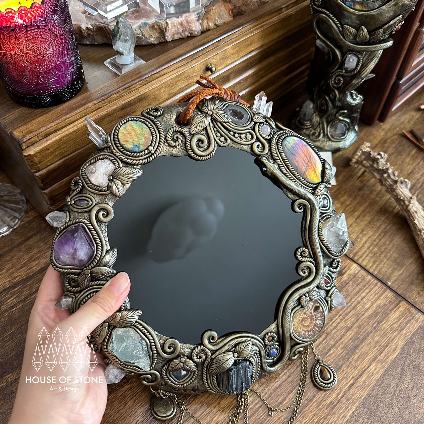 Handmade Natural Black Obsidian Crystal Wall Hanging Decor/Magic XXLarge Obsidian Mirror Spiritual Window Interior Room Hangings/Scrying Mirror Door Hanging/Altar Tool