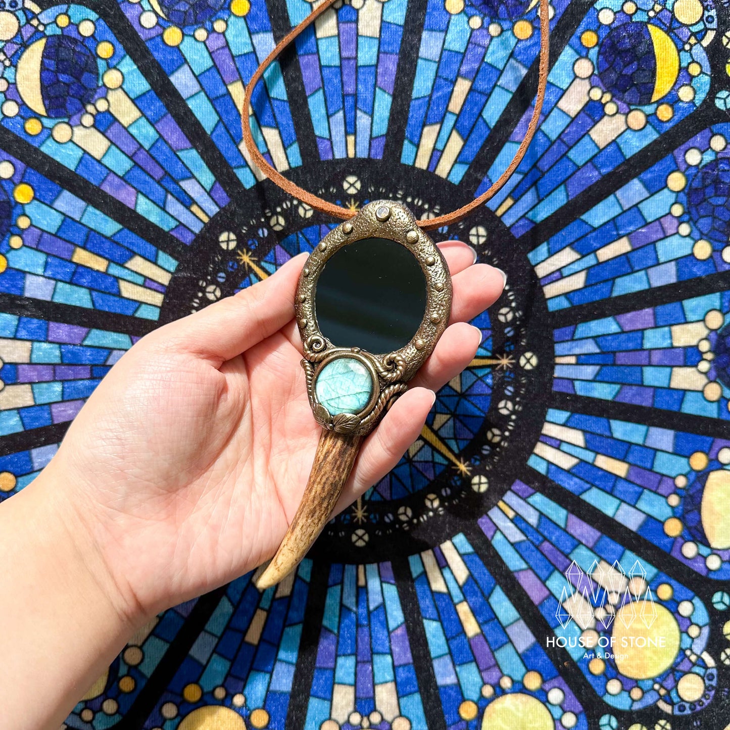 Natural Handmade Black Obsidian Pendant Necklace/Magic Obsidian Mirror Antler Crystal Pendant/Scrying Mirror Antler Jewelry/Chakra/AltarTool