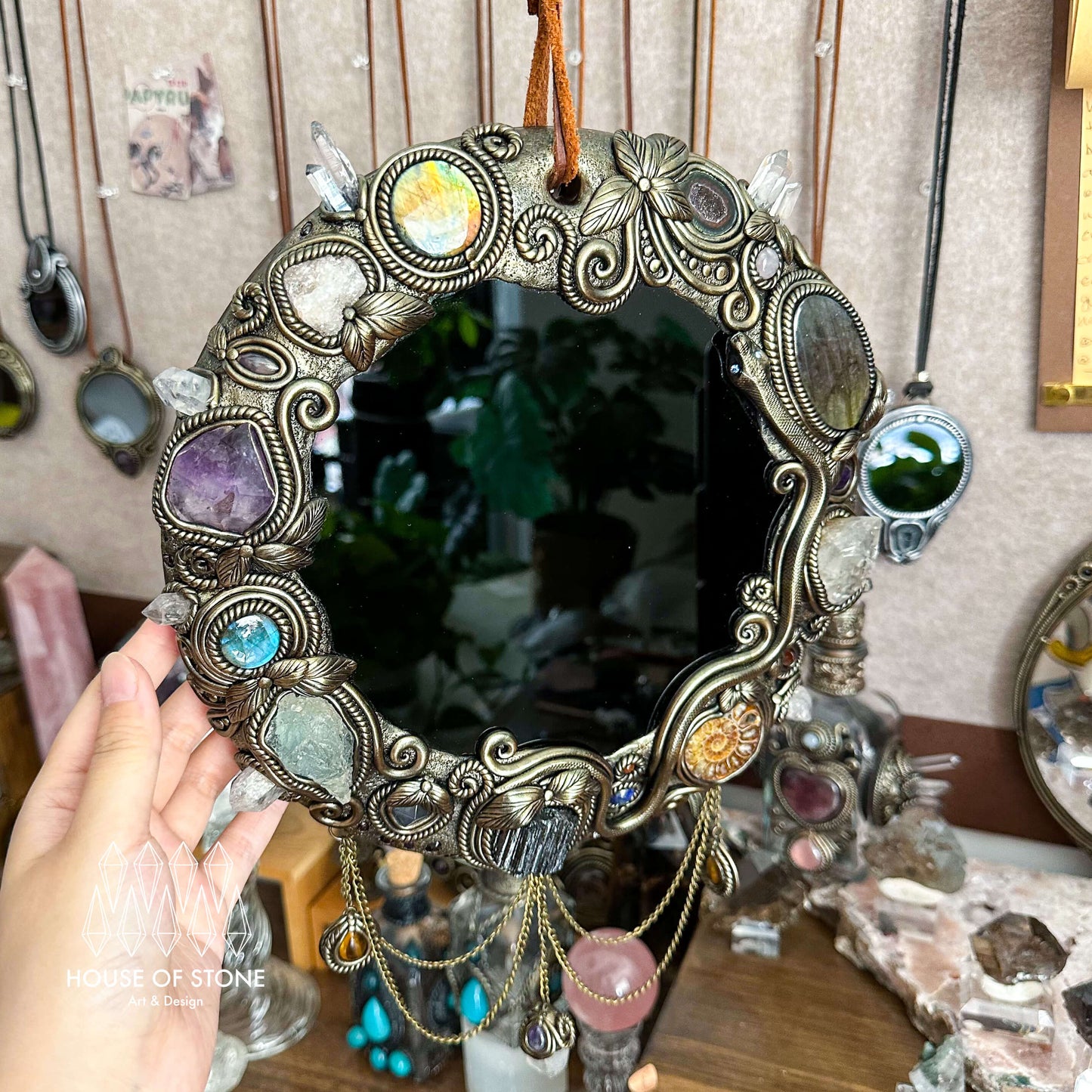 Handmade Natural Black Obsidian Crystal Wall Hanging Decor/Magic XXLarge Obsidian Mirror Spiritual Window Interior Room Hangings/Scrying Mirror Door Hanging/Altar Tool
