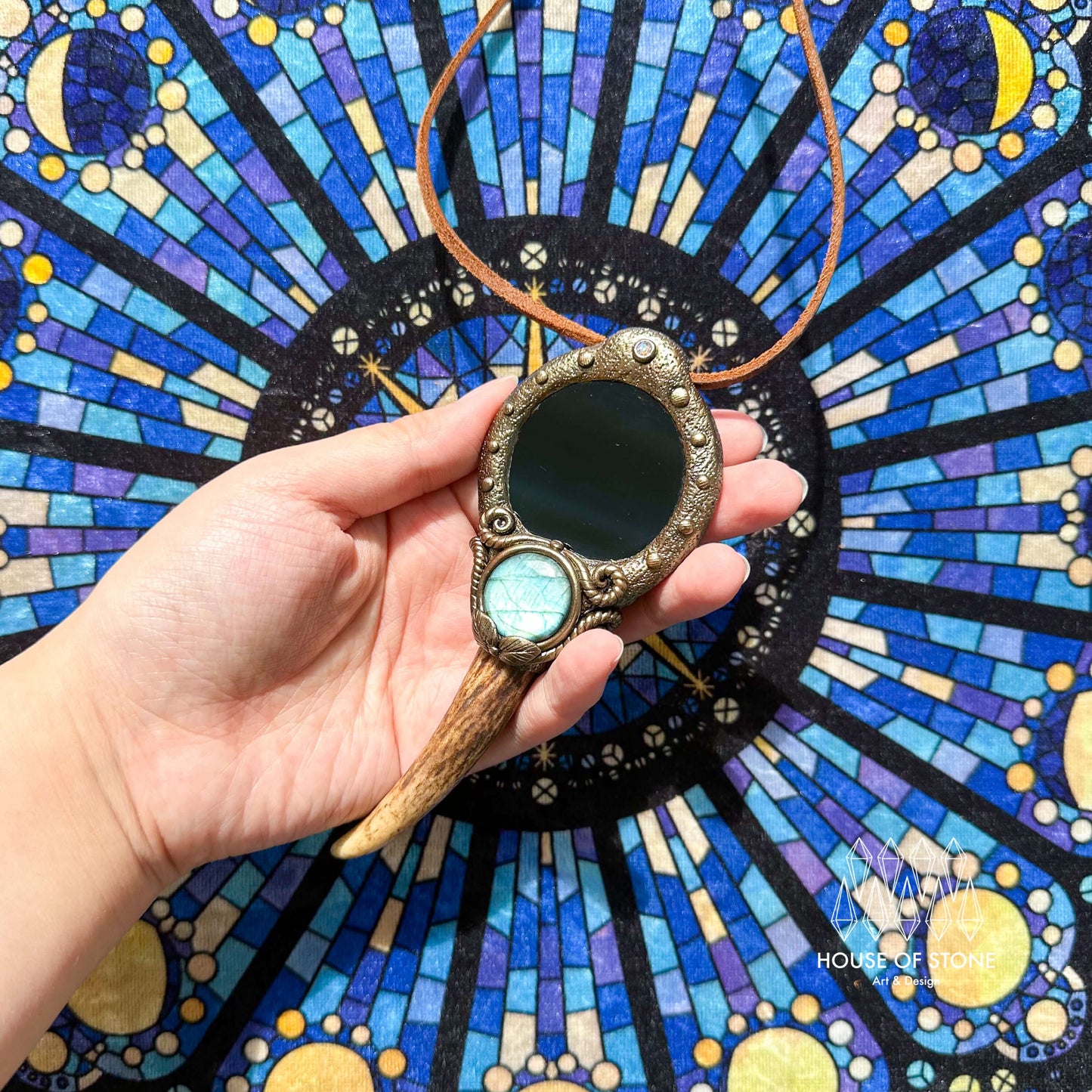 Natural Handmade Black Obsidian Pendant Necklace/Magic Obsidian Mirror Antler Crystal Pendant/Scrying Mirror Antler Jewelry/Chakra/AltarTool