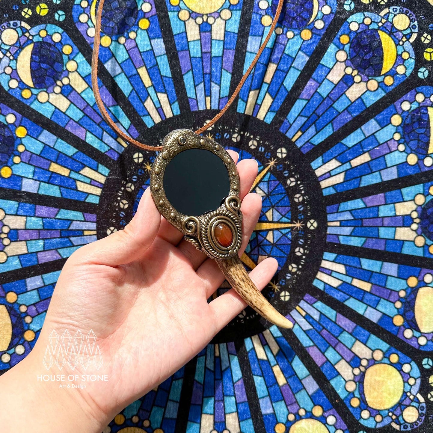 Natural Handmade Black Obsidian Pendant Necklace/Magic Obsidian Mirror Antler Crystal Pendant/Scrying Mirror Antler Jewelry/Chakra/AltarTool