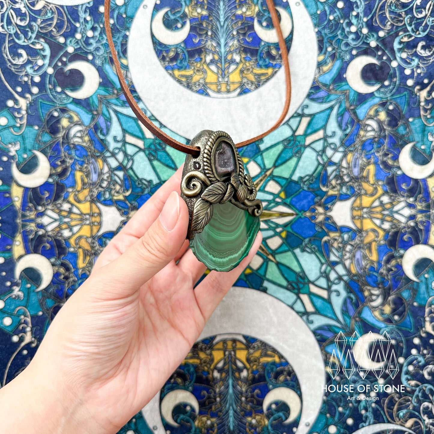 Handmade Natural Malachite Pendant Necklace/Magic Malachite Crystal Protection Pendant/Talisman Amulet Jewelry/Chakra/Altar Tool