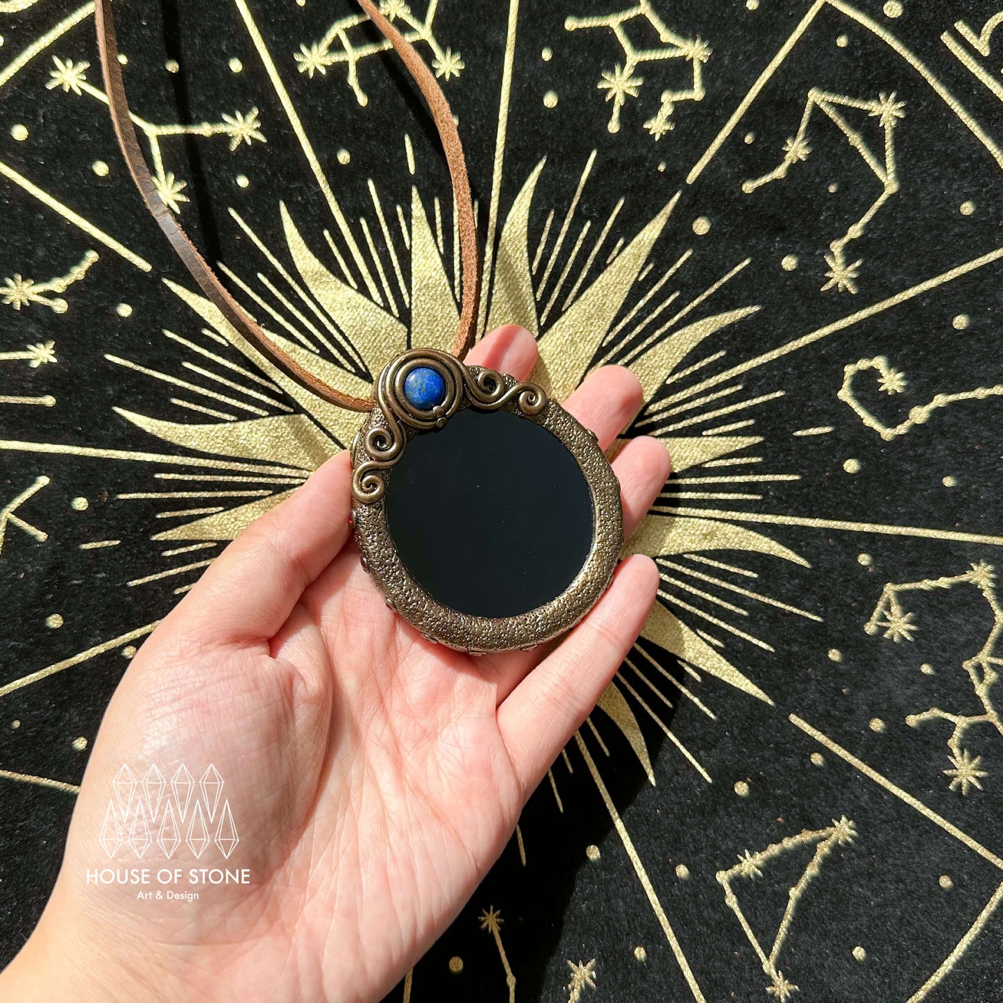 Natural Handmade Black Obsidian Pendant Necklace/Magic Obsidian Mirror Crystal Pendant/Scrying Mirror Tigers Eye Jasper Jewelry/Altar Tool