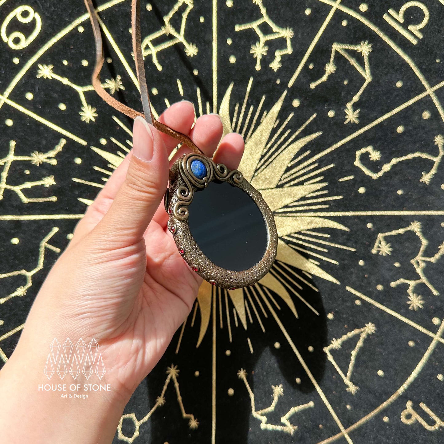 Natural Handmade Black Obsidian Pendant Necklace/Magic Obsidian Mirror Crystal Pendant/Scrying Mirror Tigers Eye Jasper Jewelry/Altar Tool