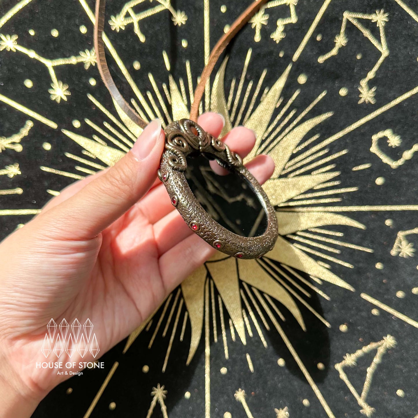 Natural Handmade Black Obsidian Pendant Necklace/Magic Obsidian Mirror Crystal Pendant/Scrying Mirror Tigers Eye Jasper Jewelry/Altar Tool