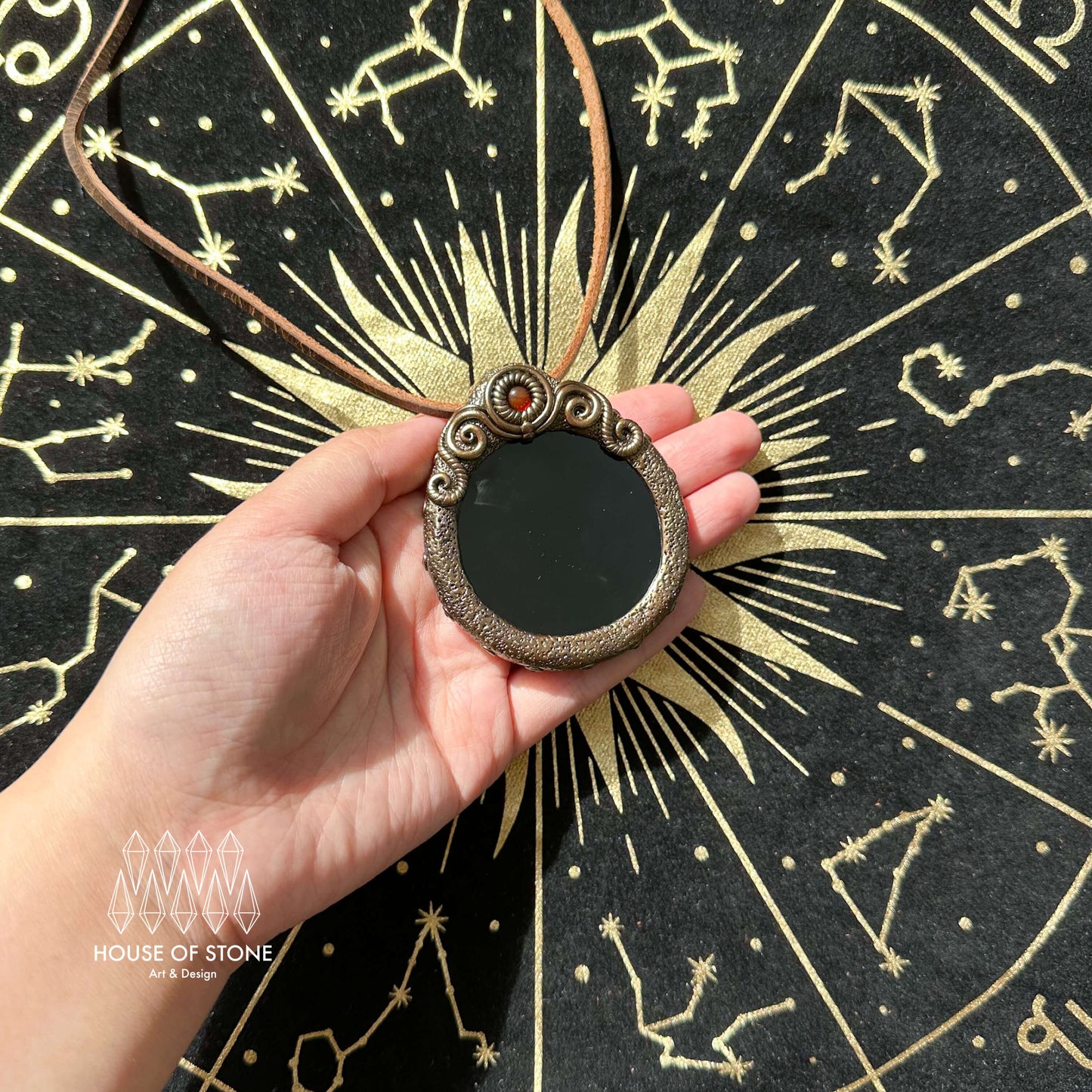 Natural Handmade Black Obsidian Pendant Necklace/Magic Obsidian Mirror Crystal Pendant/Scrying Mirror Tigers Eye Jasper Jewelry/Altar Tool