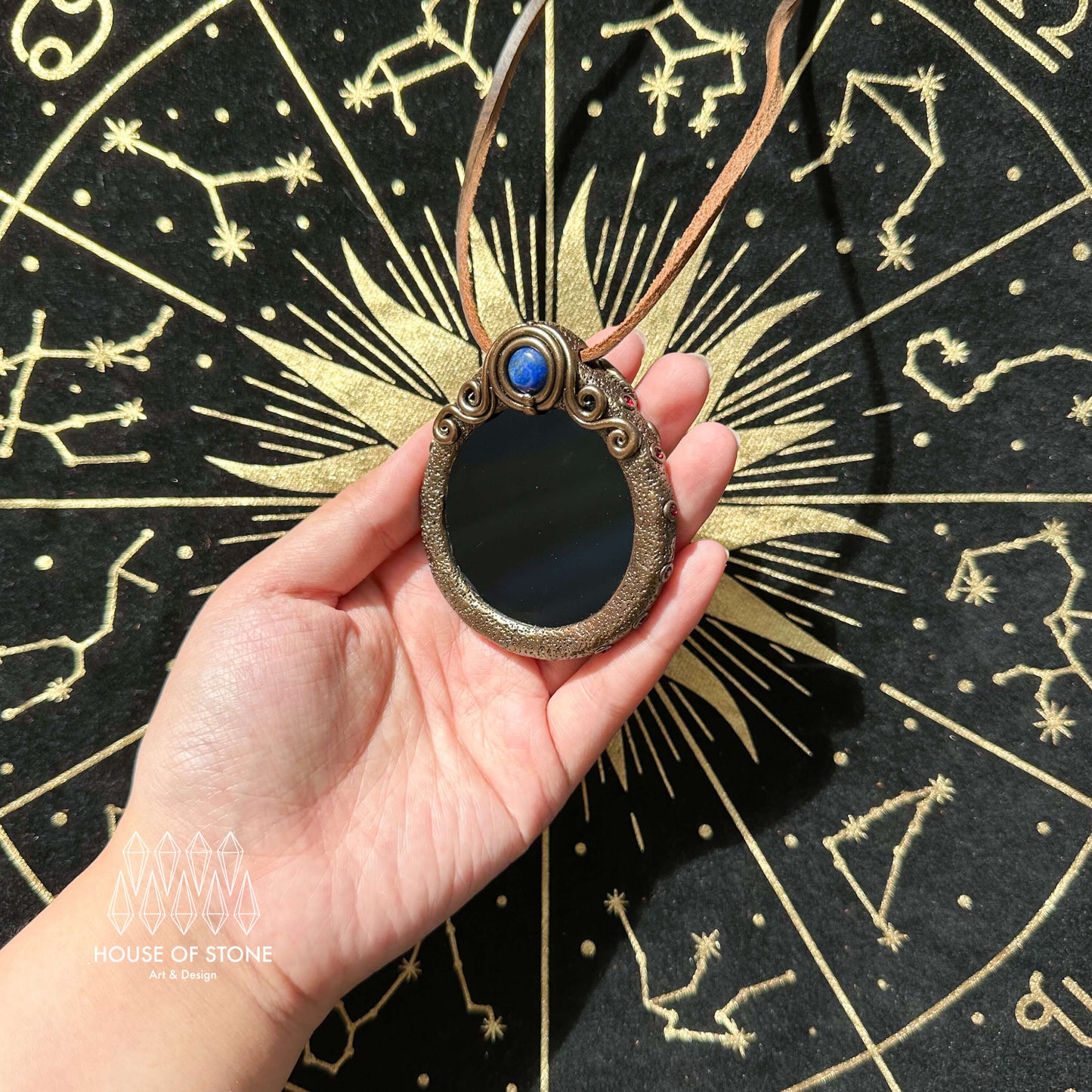 Natural Handmade Black Obsidian Pendant Necklace/Magic Obsidian Mirror Crystal Pendant/Scrying Mirror Tigers Eye Jasper Jewelry/Altar Tool