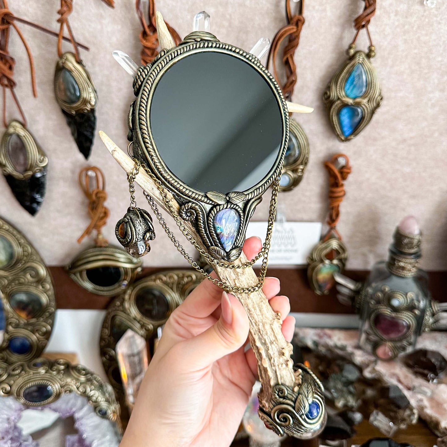 Handmade Natural Crystal Black Obsidian Mirror Antler Wand/Magic Black Obsidian Witch Mirror/Scrying Mirror Antler/Chakra/Altar Tool