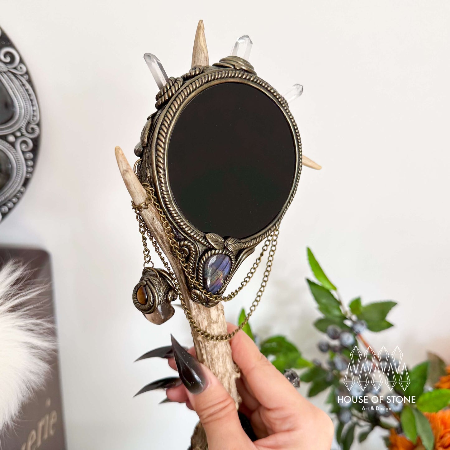 Handmade Natural Crystal Black Obsidian Mirror Antler Wand/Magic Black Obsidian Witch Mirror/Scrying Mirror Antler/Chakra/Altar Tool