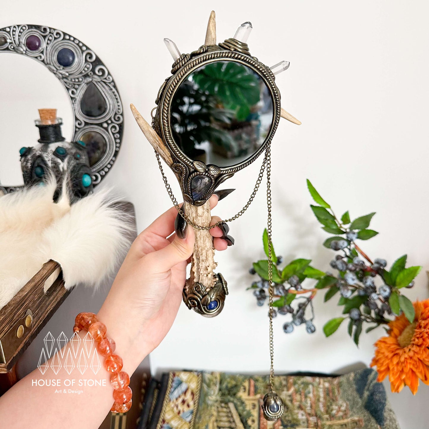 Handmade Natural Crystal Black Obsidian Mirror Antler Wand/Magic Black Obsidian Witch Mirror/Scrying Mirror Antler/Chakra/Altar Tool