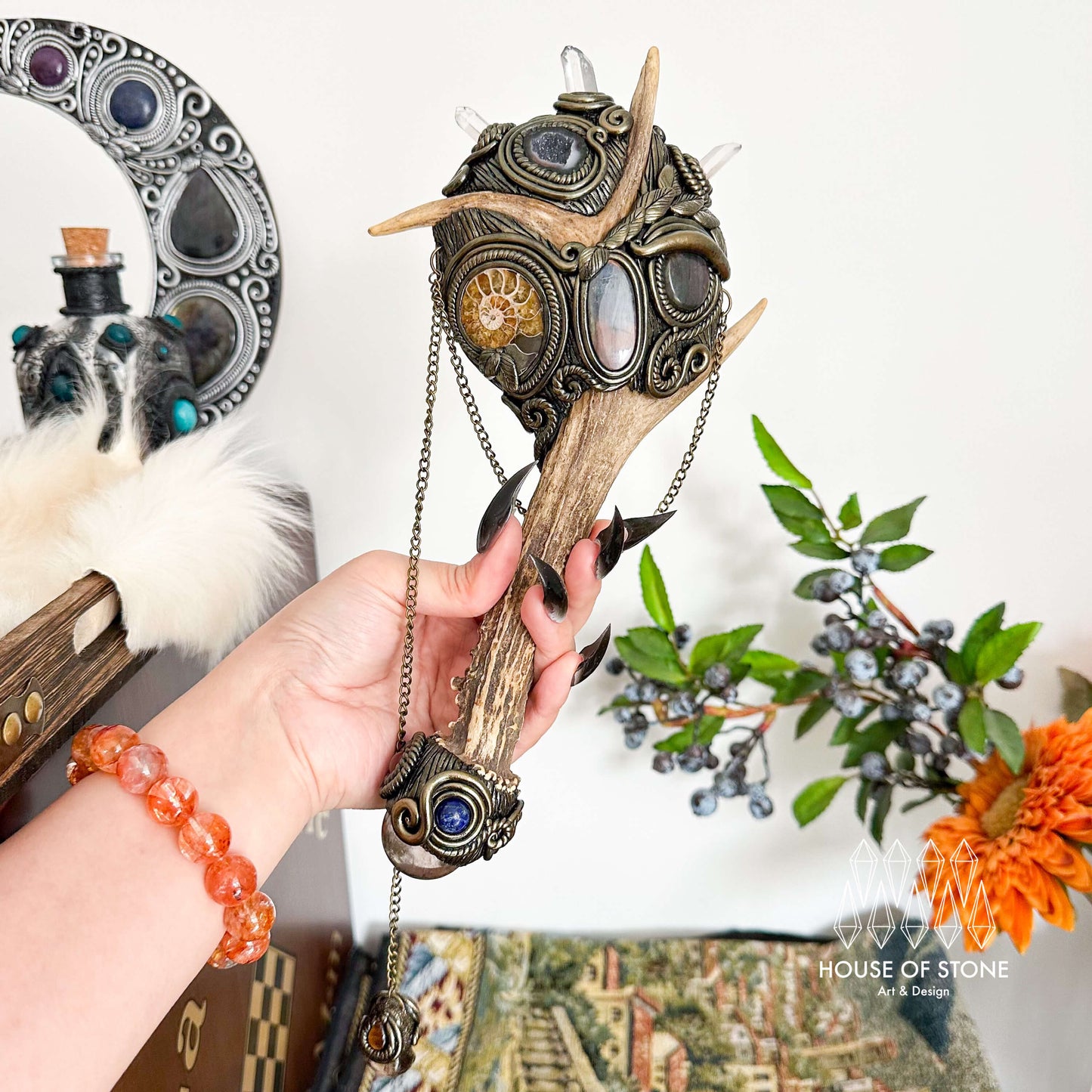 Handmade Natural Crystal Black Obsidian Mirror Antler Wand/Magic Black Obsidian Witch Mirror/Scrying Mirror Antler/Chakra/Altar Tool