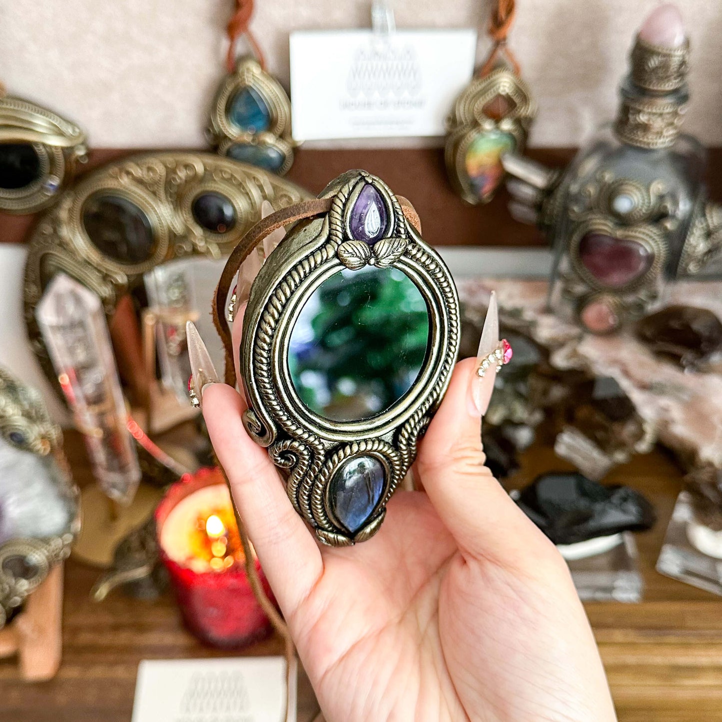Handmade Natural Black Obsidian Pendant Necklace/Magic Obsidian Mirror Crystal Pendant/Scrying Mirror Labradorite Protection Jewelry/Altar Tool