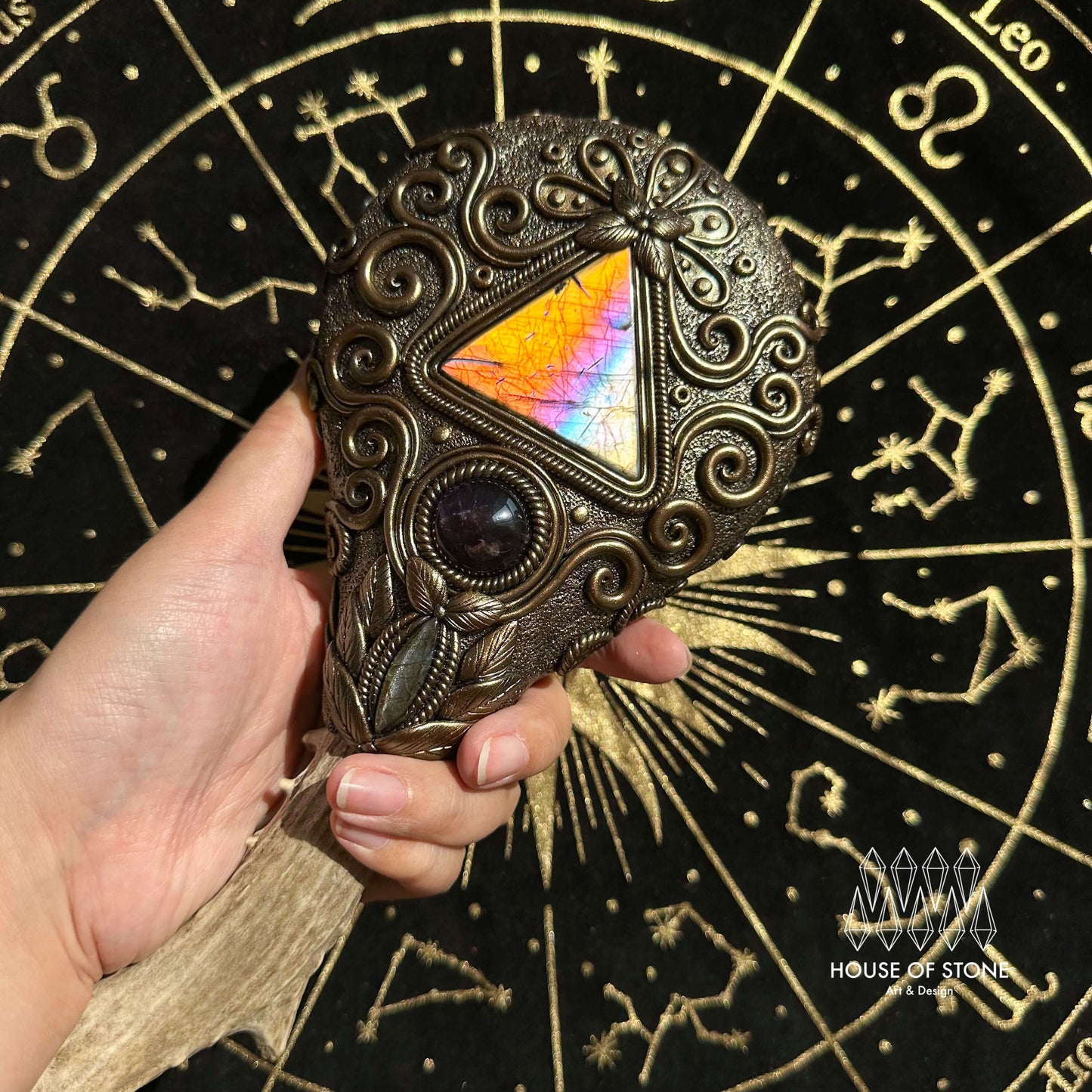 Natural Handmade Crystal Quartz Black Obsidian Mirror Antler Wand/Magic Black Obsidian Witch Mirror/Scrying Mirror Antler/Chakra/Altar Tool