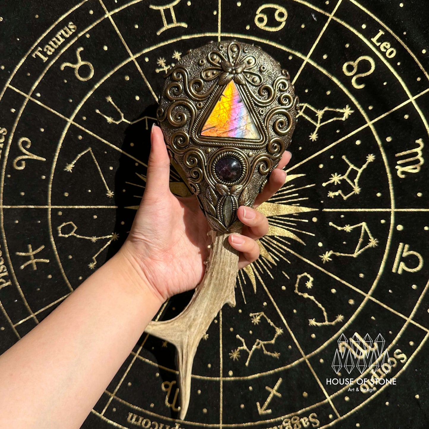 Natural Handmade Crystal Quartz Black Obsidian Mirror Antler Wand/Magic Black Obsidian Witch Mirror/Scrying Mirror Antler/Chakra/Altar Tool