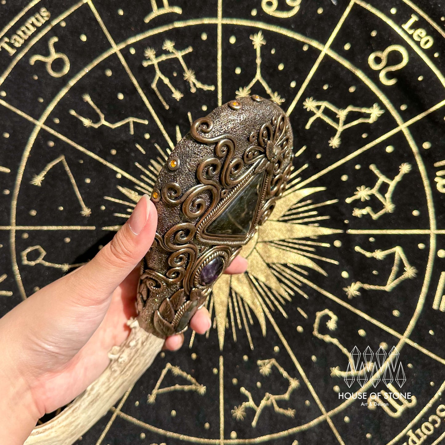 Natural Handmade Crystal Quartz Black Obsidian Mirror Antler Wand/Magic Black Obsidian Witch Mirror/Scrying Mirror Antler/Chakra/Altar Tool