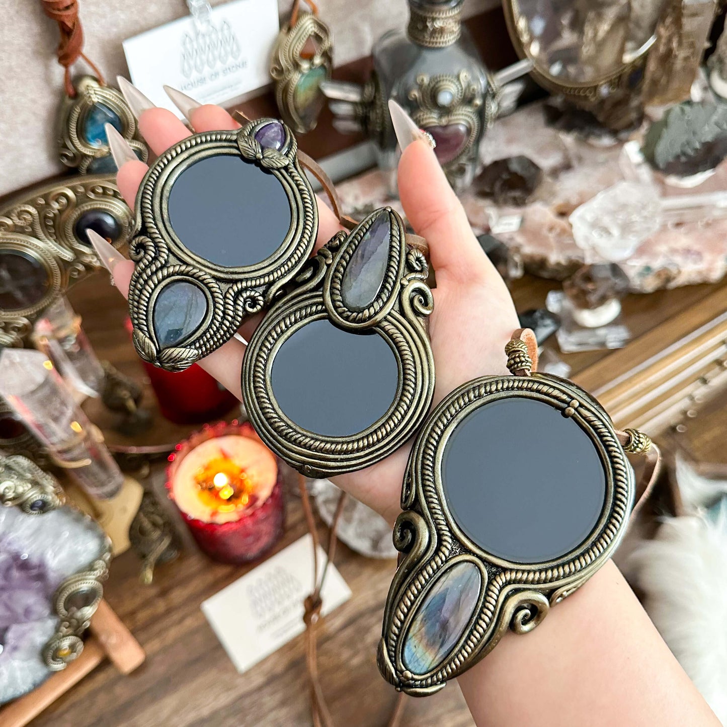 Handmade Natural Black Obsidian Pendant Necklace/Magic Obsidian Mirror Crystal Pendant/Scrying Mirror Labradorite Protection Jewelry/Altar Tool