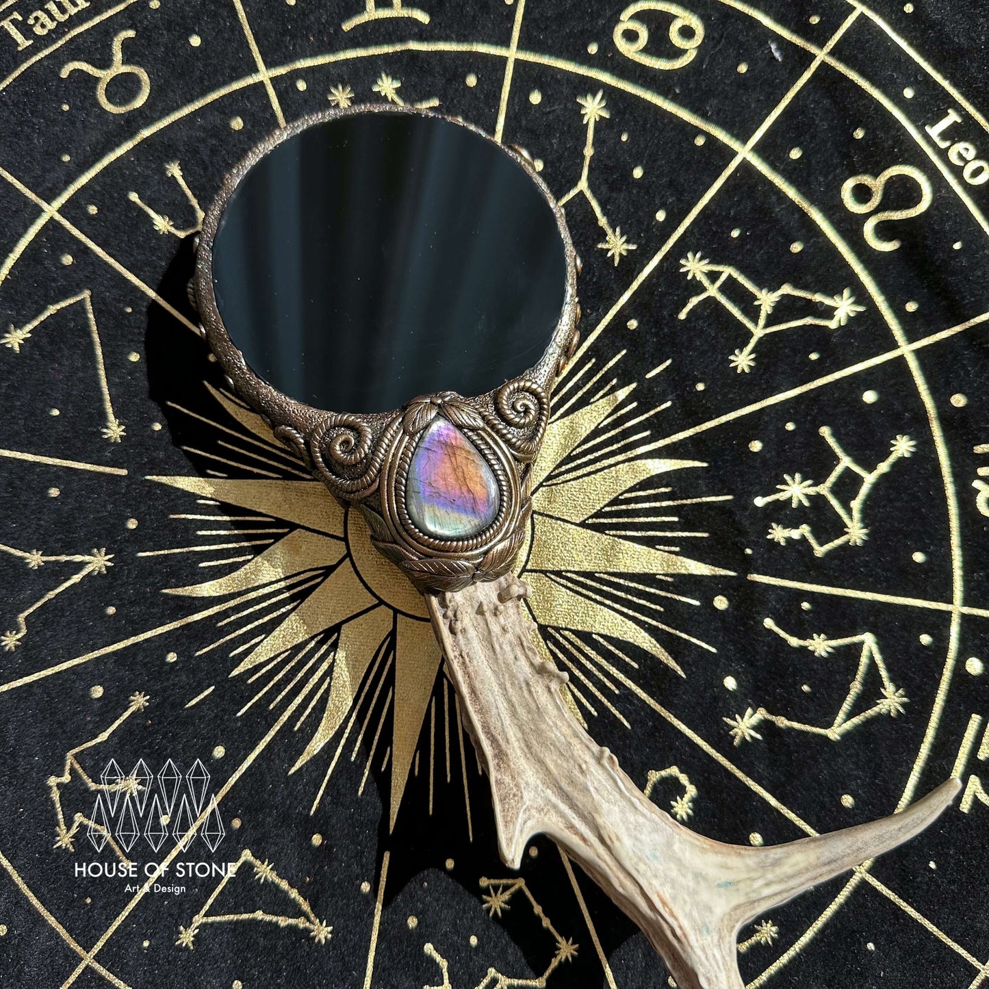 Natural Handmade Crystal Quartz Black Obsidian Mirror Antler Wand/Magic Black Obsidian Witch Mirror/Scrying Mirror Antler/Chakra/Altar Tool