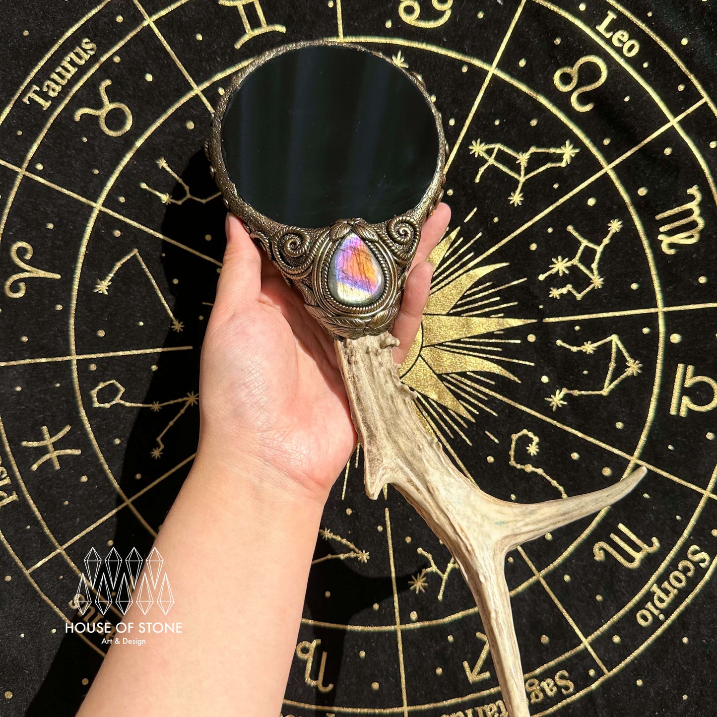 Natural Handmade Crystal Quartz Black Obsidian Mirror Antler Wand/Magic Black Obsidian Witch Mirror/Scrying Mirror Antler/Chakra/Altar Tool