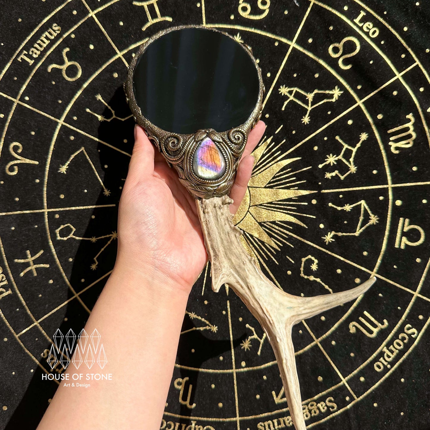 Natural Handmade Crystal Quartz Black Obsidian Mirror Antler Wand/Magic Black Obsidian Witch Mirror/Scrying Mirror Antler/Chakra/Altar Tool