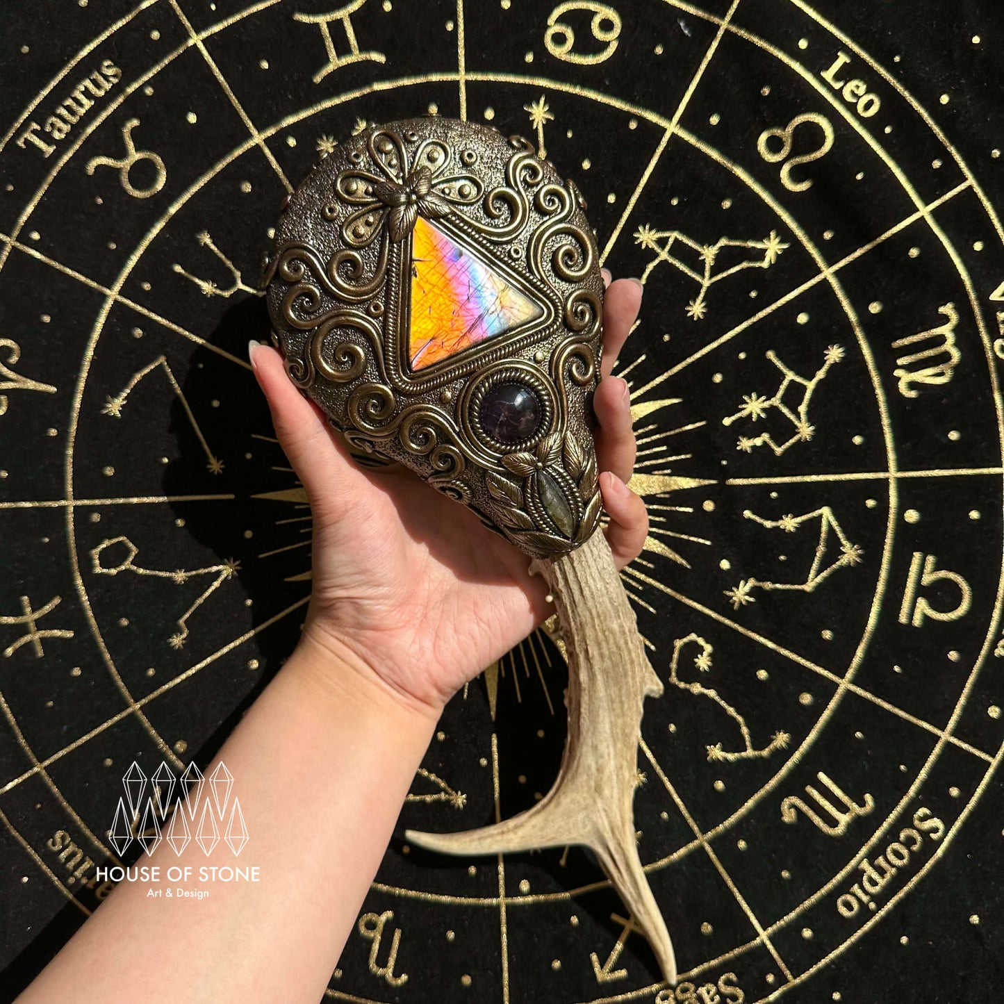 Natural Handmade Crystal Quartz Black Obsidian Mirror Antler Wand/Magic Black Obsidian Witch Mirror/Scrying Mirror Antler/Chakra/Altar Tool