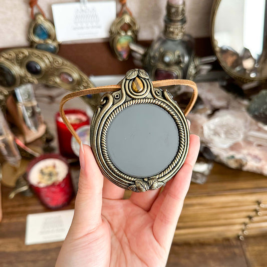 Handmade Natural Black Obsidian Pendant Necklace/Magic Obsidian Mirror Crystal Pendant/Scrying Mirror Labradorite Jewelry/Altar Tool