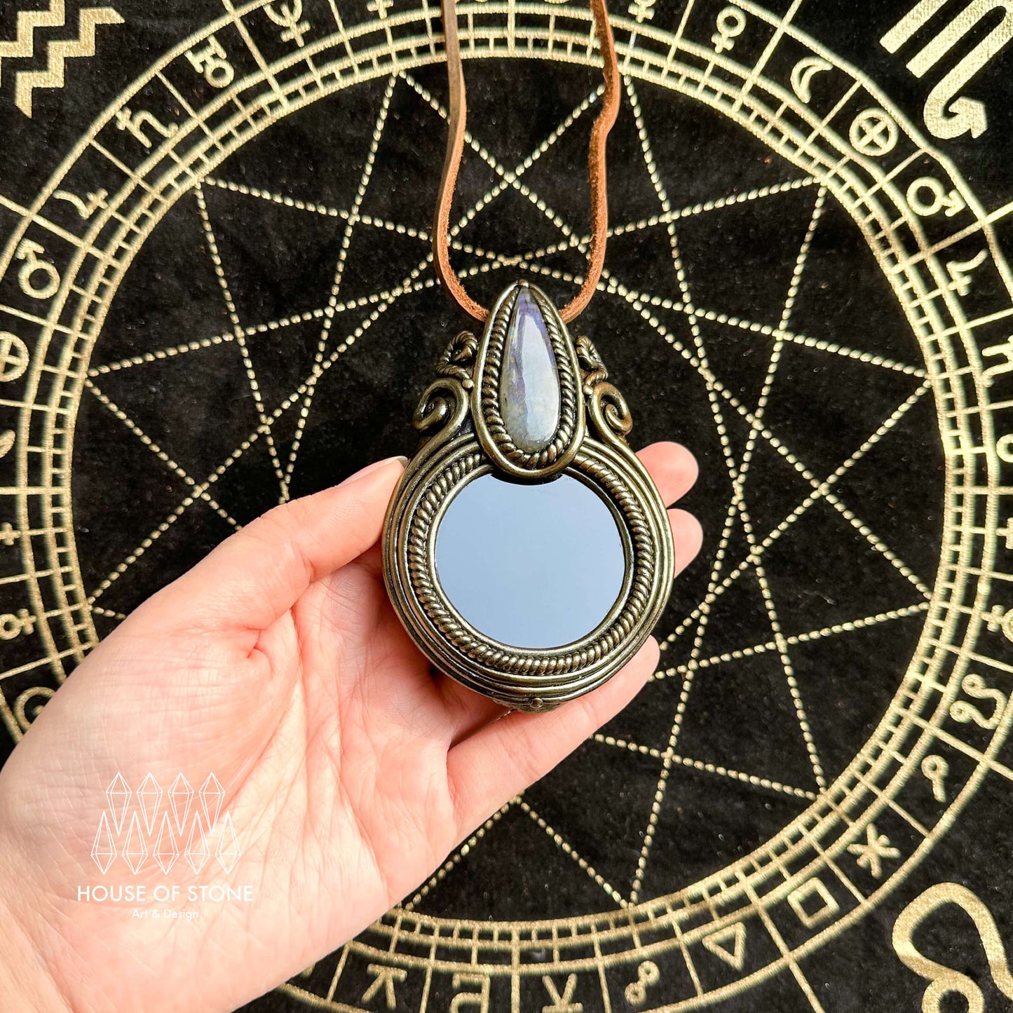 Handmade Natural Black Obsidian Pendant Necklace/Magic Obsidian Mirror Crystal Pendant/Scrying Mirror Labradorite Jewelry/Altar Tool