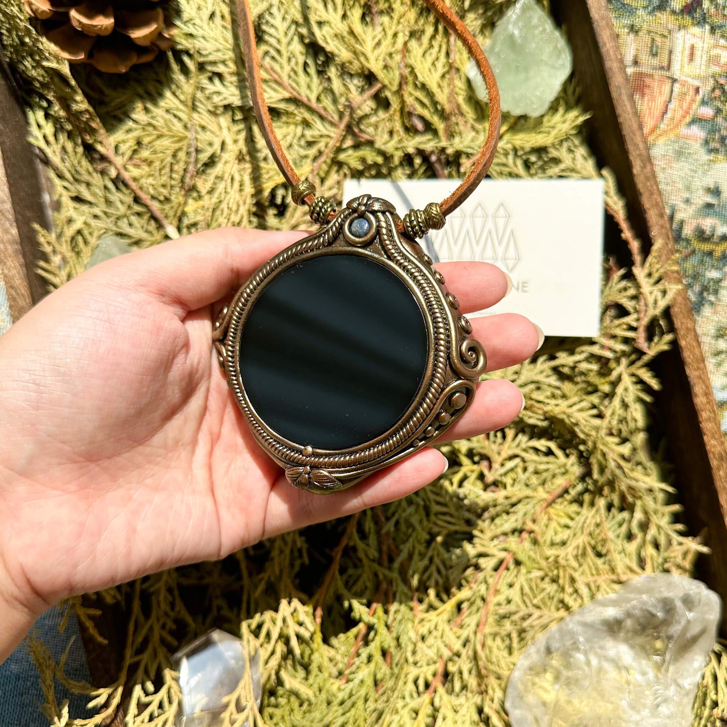 Natural Handmade Black Obsidian Pendant Necklace/Magic Obsidian Mirror Crystal Pendant/Scrying Mirror Labradorite Jewelry/Chakra/Altar Tool