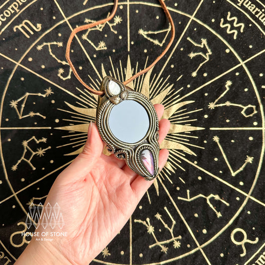 Handmade Natural Black Obsidian Pendant Necklace/Magic Obsidian Mirror Crystal Pendant/Scrying Mirror Labradorite Jewelry/Altar Tool